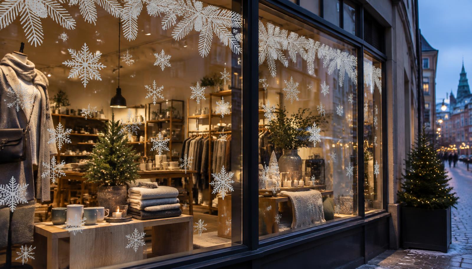 Butikkvindu i Oslo med juledekor i frostet folie